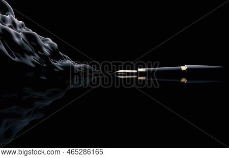 A Concept Showing A Fountain Pen Jetting Out A Swirling Plume Of Thick Ink On A Black Isolated Backg