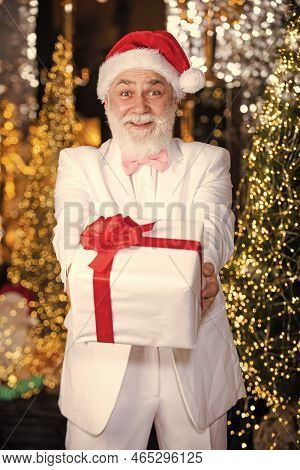 Bearded Grandfather Man Celebrate Christmas. Christmas Gift. Christmas Party. Senior Man With Beard.