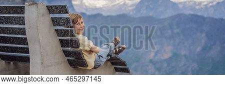 Banner, Long Format Boy Tourist On Background Of Breathtaking Panoramic View Of The Grlo Sokolovo Go
