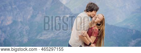 Banner, Long Format Man And Woman Happy Couple Tourists On Background Of Breathtaking Panoramic View