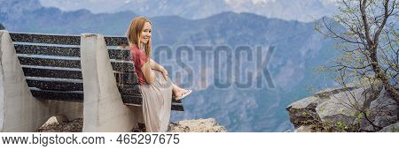 Banner, Long Format Woman Tourist On Background Of Breathtaking Panoramic View Of The Grlo Sokolovo 