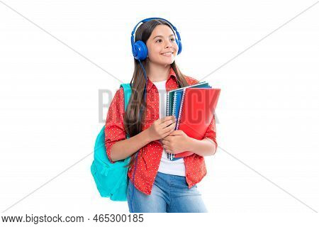Back To School. Full Length Of Teenager School Girl With Backpack Hold Aplle Ready To Learn. School 