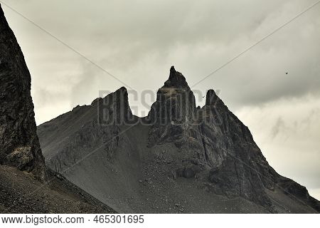 Mountains Cliffs In Iceland, Vestrahorn Stokksnes, Black Volcanic Stone