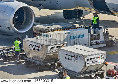 Budapest, Hungary - Circa 2017: Cargo Containers Loaded Into A Lufthansa Aircraft At Budapest Liszt 