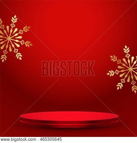 Merry Christmas Red Background With 3d Podium And Snowflake Vector