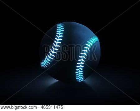 3d Rendering Of Single Black Baseball Ball With Bright Blue Glowing Neon Lines