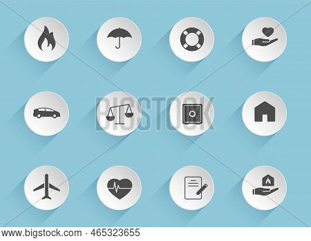 Insurance Vector Icons On Round Puffy Paper Circles With Transparent Shadows On Blue Background. Ins