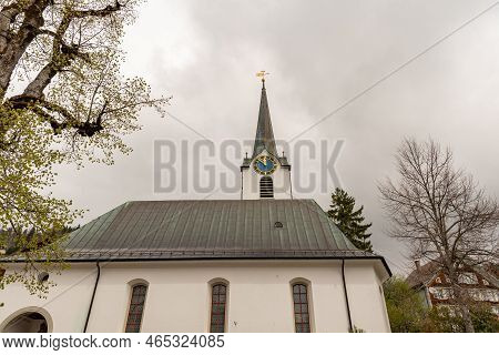 Wildhaus, Switzerland, May 5, 2022 Catholic Church In The Center On An Overcast Day In Spring Time