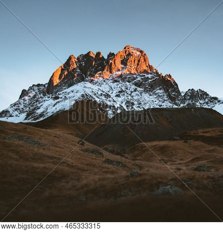 Beautiful Juta Valley Hiking Route With Scenic Mountain Snowy Peak Background. Kazbegi National Park