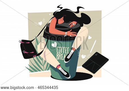 Woman Having Coffee Break Vector Illustration. Female Hugging Cup With Coffee. Time To Relax Flat St