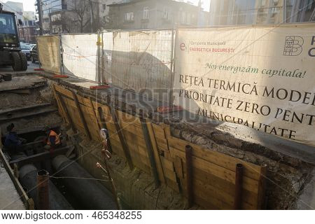 Bucharest, Romania - November 10, 2022: Construction Site In The Road For Workers To Repair A Radet 