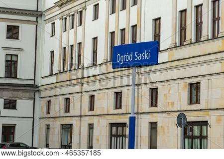 Warsaw, Poland - October 2, 2022: Ogrod Saski Street Sign In Warsaw. Architecture Detail. Ogrod Sask
