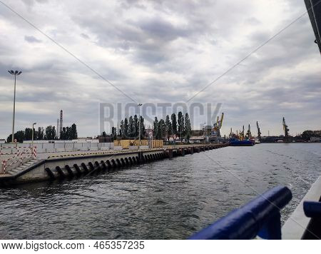 Gdansk Poland, July 18, 2022: Container Ships In Commercial Harbour. Harbour In Gdansk. Iindustrial 