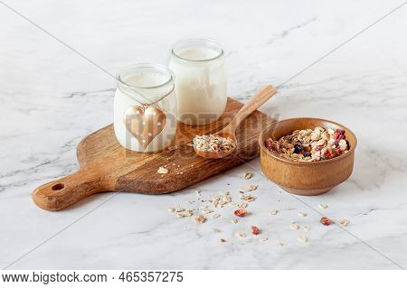 Milk Joghurt With Bowl Of Muesli, Valentine Day Breakfast Idea