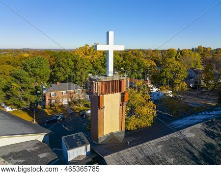 St Paul Lutheran Church Aerial View In Fall At 929 Concord Turnpike, In Town Of Arlington, Massachus