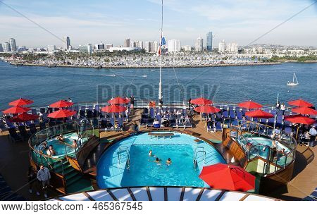 Long Beach, California, U.s.a - November 5, 2022 - The Swimming Pool And Relaxation Area On Carnival