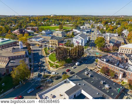 Woburn Common And City Hall Aerial View In Downtown Woburn, Massachusetts Ma, Usa.