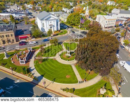 Woburn Common And City Hall Aerial View In Downtown Woburn, Massachusetts Ma, Usa.