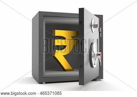 Opem Metal Safe Vault With Indian Rupee Symbol Inside 3d Illustration Render Isolated On White Backg