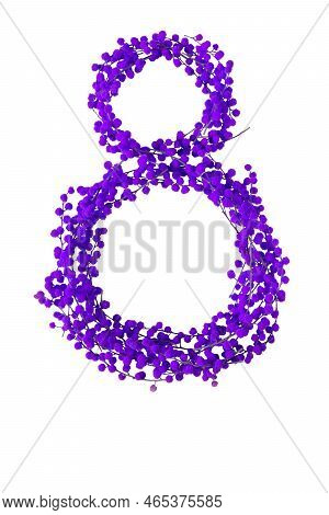 Gender Equality And Iwd Symbol. Purple Digit Eight Made Of Mimosa Spring Flowers Branches Isolated O