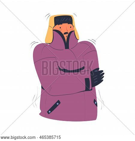 Man Freezing And Shivering Wearing Winter Clothes. Guy Trying To Warm During Winter Or Autumn Season
