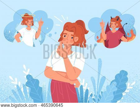 Ethical Dilemma Concept. Woman Chooses Between Angel And Demon. Young Girl Chooses Model Of Behavior