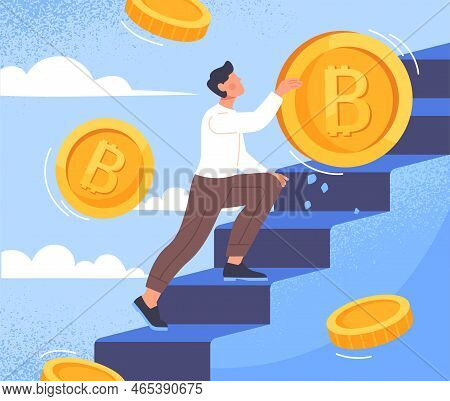 Save Bitcoin Concept. Man Lifts A Golden Coin Up Stairs, Cryptocurrency And Blockchain Technology. T