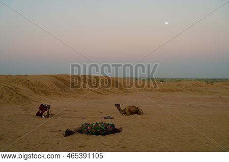 Moon Set At Har Desert Sand Dunes , Pre Dawn Light Before Sun Rise And Moon Setting Off In The Sky. 