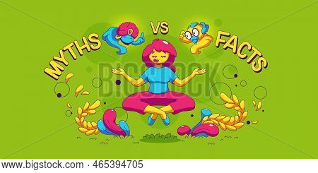 Myths Vs Facts Concept. Woman Meditate Floating In Air In Lotus Posture. Contemporary Female Charact
