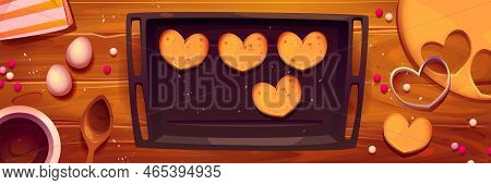 Baking Sheet With Cookies On Kitchen Table Top View. Process Of Biscuits Cooking With Eggs, Dough, B