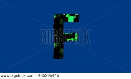 Letter F - Hi-tech Cyber Punk Black And Green Alphabet On Blue, Isolated - Object 3d Rendering