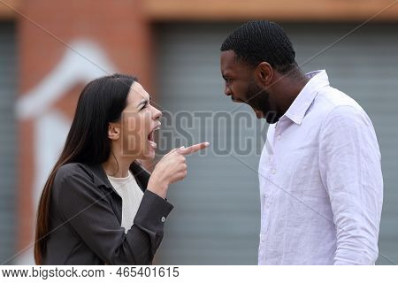Angry Woman Accusing To A Man Shouting And Arguing In The Street