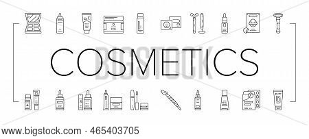 Cosmetics For Visage Skin Treat Icons Set Vector. Eyeshadow Palette And Face Oil, Solid Shampoo And 