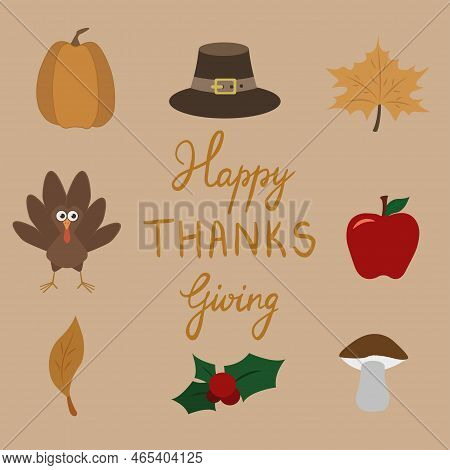 Icons Set Of Thanksgiving Day Elements. Vector Illustration For Cards, Posters, Flyers, Webs.