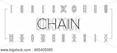 Chain Metal Connection Link Icons Set Vector. Steel Object, Element Iron, Strong Abstract Strength, 
