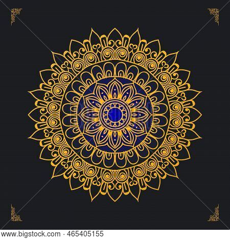 Elegant, Luxury Ornamental Mandala Design In Gold Colour On Black Background. Mandala With Floral Pa