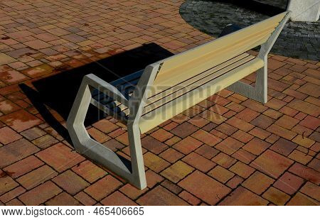 Light Concrete Park Bench, Elegant Cast Frame And Light Wooden Seat And Backrest Made Of Planks. Bro