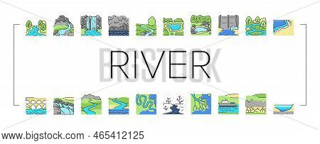 River And Lake Nature Landscape Icons Set Vector. River Mouth And Delta, Sea Shore And Pond In Fores