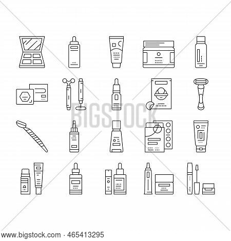 Cosmetics For Visage Skin Treat Icons Set Vector. Eyeshadow Palette And Face Oil, Solid Shampoo And 