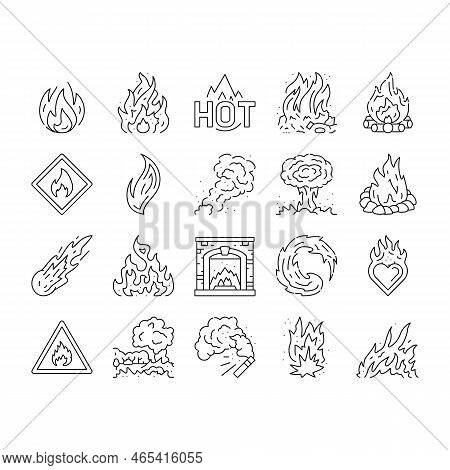 Flame Hot Fire Burn Bonfire Heat Icons Set Vector. Red Danger, Light Orange, Campfire Energy Fiery E