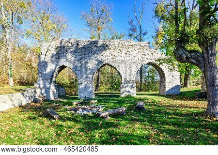 A View Of The Arnsburg Ruins In Autumn With A Blue Sky