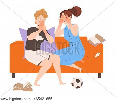 Mother And Father Character Sitting On Sofa Shocked With Mess And Chaos Around Vector Illustration