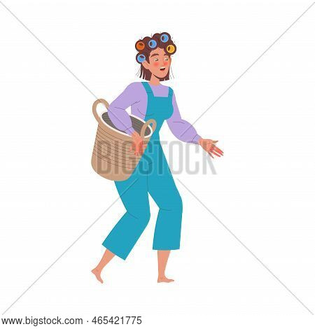 Mother Character With Hair Curlers Carrying Basket Gathering Things Shocked With Mess And Chaos Arou