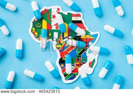 Concept Of Poor Condition Of Medicine In Developing African Countries. Many Pills And Capsules Over 