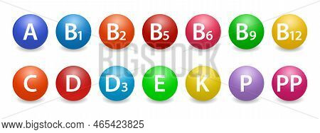 A Set Of Colored Icons Of A Multivitamin Complex. Multivitamin Supplement. Vitamin A, Group B 1, B2,