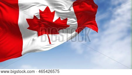 Canada National Flag Waving In The Wind On A Clear Day. Canada Is A Country In North America. Select