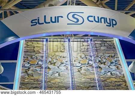 Stand At The Exhibition Of Metallurgical Companies Metal-expo. The Name And Logo Of The Metalworking