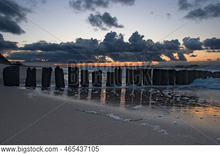 Baltic Sea Coast At Sunset. Rewal. Poland. A Close Up