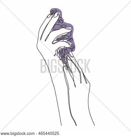 Continuous Linear Drawing Of Hands Holding A Flower. Minimalist Style. Vector Illustration Of Minima