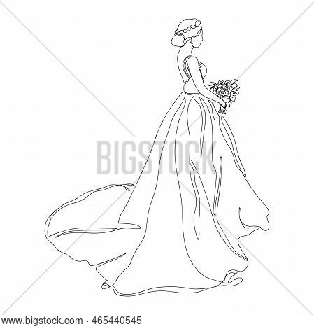 The Bride Holding The Bouquet Draws A Continuous Line.the Silhouette Of The Bride In One Line, Side 
